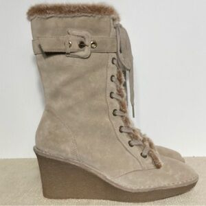 Aerosoles Womens Tan Suede Faux Fur Lace Up Wedge Boots Shoes Size US 10 M